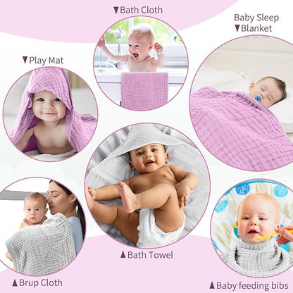 VitalCozy 6 Pcs Baby Muslin Hooded Bath Towels and Washcloths, Muslin Hooded Baby Towels Absorbent Blankets for Gift Newborn Infant Shower (White,Pink)