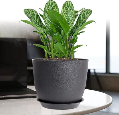 12/10/9 Large Modern Plant Pots, Plastic Planters with Drainage Holes and Saucers for Indoor Outdoor Plants Flowers, Black