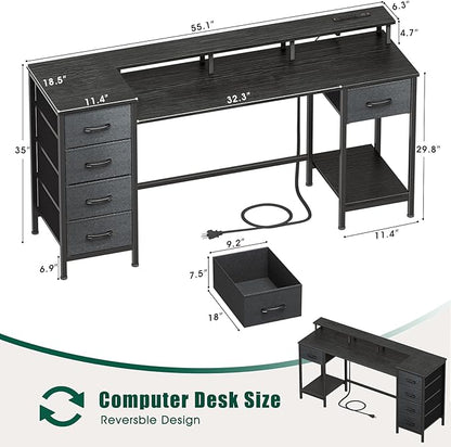 55 Inch Computer Gaming Desk with Power Outlets LED Lights Reversible Home Office with Adjustable Fabric Storage Drawers for Working Writing Study, Black
