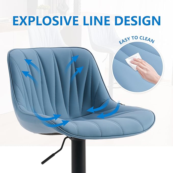 YOUNIKE Bar Stools Set of 2 for Kitchen Island, Blue Faux Leather Padded Counter Height Stools, Adjustable Swivel Barstools with Back, Modern Tall Stools with 300LBS Support