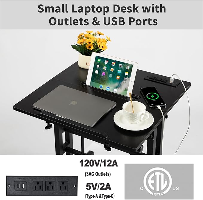 Hadulcet Mobile Standing Desk with Charging Station, Adjustable Standing Computer Desk, Standing Adjustable Laptop Cart with Wheels for Home Office Classroom Black