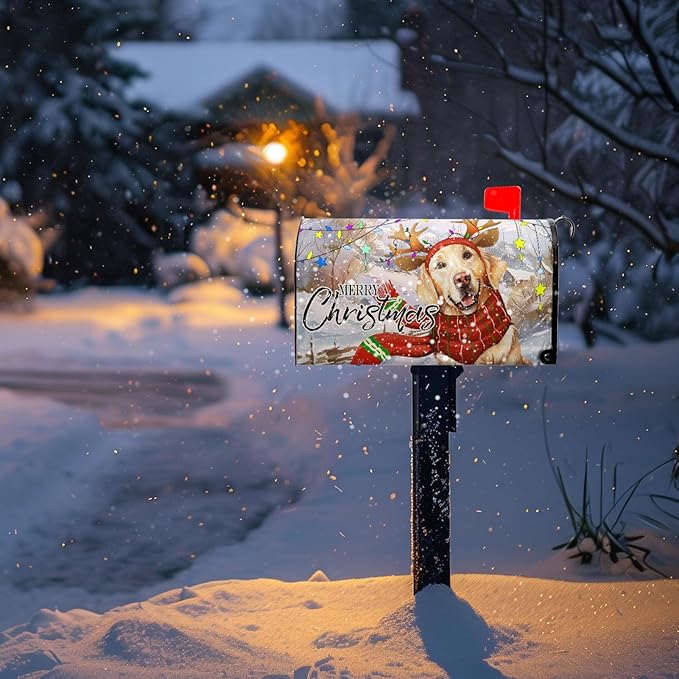 Merry Christmas Mailbox Cover 21x18 Inch Xmas Dog Post Letter Box Covers New Year Golden Retriever Magnetic Waterproof Mail Wraps for Winter Framhouse Outdoor Yard Garden Standard Size