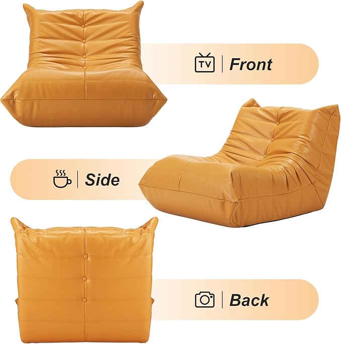 Hobestluk Giant Bean Bag Chair Lazy Floor Sofa, Memory Foam Fireside Sofa for Adults, Big Beanbag Faux Leather Armless Chair for Living Room Bedroom Dorm Office (Yellow, Single)