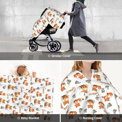 Personalized Baby Car Seat Covers for Babies with Name, Customized CarSeat Cover Stroller Canopy for Girls Boys, Custom Cute Fox Nursing Cover Breastfeeding Scarf for Infant Newborn New Mom