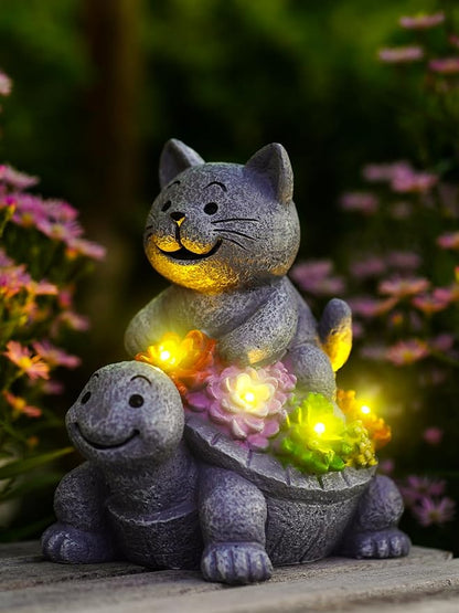 Solar Garden Outdoor Statues Decor, with Cat Turtle Succulent Garden Decor for Home House, Yard Art Lawn, Ornaments, Porch Patio, Balcony - Birthday Gifts for Grandma Mom Women