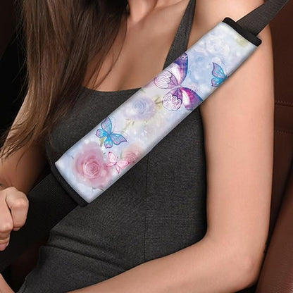 Rose Seat Belt Cushion Shoulder Strap Butterfly Car Seat Belt Holder 2 Piece Set Universal Flower Car Anti-Slip Shoulder Belt Protector for Cars Trucks SUVs Airplanes