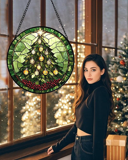 Stained Glass Window Hanging - Green Christmas Tree Golden Bells Suncatcher for Doors Home Christmas Decoration Sun Catcher Thanksgiving New Year Birthday Gift for Women Men Mom Nana 15 in