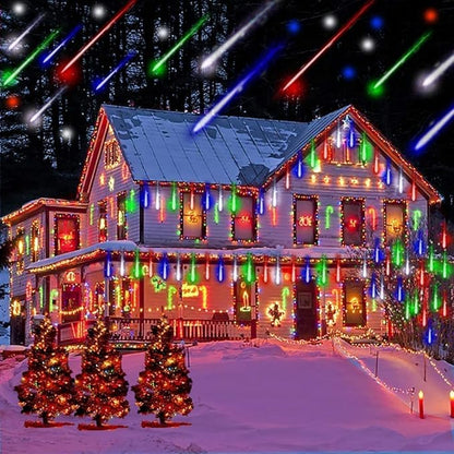 Adecorty Christmas Lights Outdoor Tree Cascading Icicle Light 8 Tubes 192LED Shooting Star Waterfall Meteor Shower Falling Rain Lights for Xmas Decorations Wedding Party New Year (Multi Color)