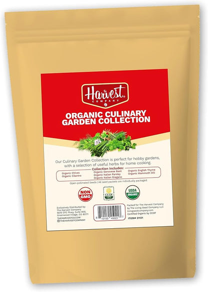 The Harvest Company Organic Culinary Garden Seed Collection, Non-GMO, Certified USDA Organic, Open-Pollinated Garden Herb Seeds for Indoor Outdoor Planting, 145 Seeds Total
