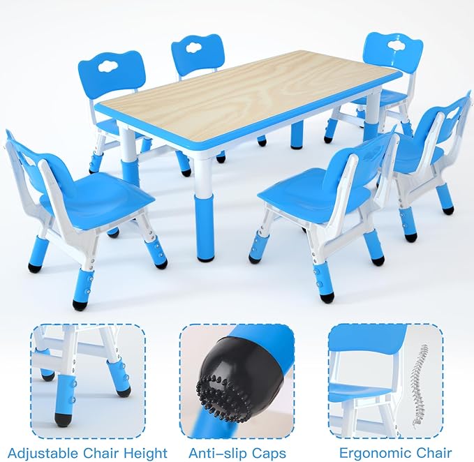 Kids Table and 6 Chairs Set，Height Adjustable Children Table & Chair，Toddlers Study Multi-Activity Table with 47.2"x23.6" Wipe-Clean Desktop，for Classrooms, Homes & Daycares