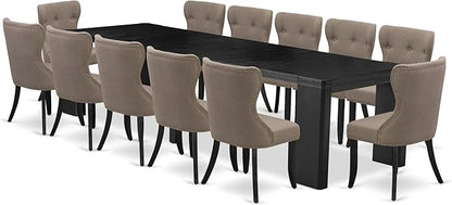 X12SI-006-48 - 13-piece Modern Dining Room Table Set a Rectangular Kitchen Table and 12 coffee Linen Fabric Dining Chair, 39x120 Inch, Wire Brushed Black
