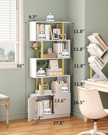 Yusong Geometric Bookcase with Cabinet, S Shaped Bookshelf 5-Tier Book Shelves for Bedroom, Modern Wood Decorative Display Shelf Tall Book Case for Home Office, Gold and White