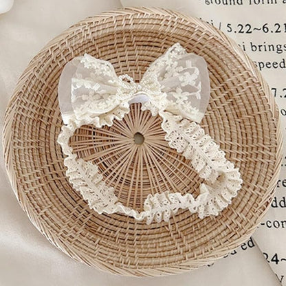 Baby Girls Hairband White Bow Lace Headbands Handmade Soft Stretchy Bowknot Hairbands Newborn Headband with Bows Pearls Elastic Head Band for Newborn Infant(Embroidered Pearl Bow)