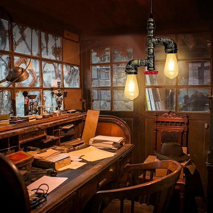 Kawell Vintage Pendant Light Fixtures Industrial Retro Ceiling Chandelier Creative Water Pipe Hanging Light Fixtures Art Deco Iron E26 60W Max for Bedroom Cafe Bar Restaurant Kitchen, Bronze Color