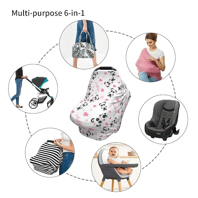 Personalized Baby Car Seat Cover for Girls, Custom Panda Pink Nursing Covers for Breastfeeding with Name, Infant Stroller Cover, Baby Carseat Canopy for Newborn, Multiuse Car Seat Canopies