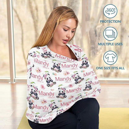 Personalized Baby Car Seat Cover for Girls, Custom Nursing Covers for Breastfeeding with Name, Panda Bear Floral Infant Stroller Cover, Baby Carseat Canopy for Newborn, Multiuse Car Seat Canopies