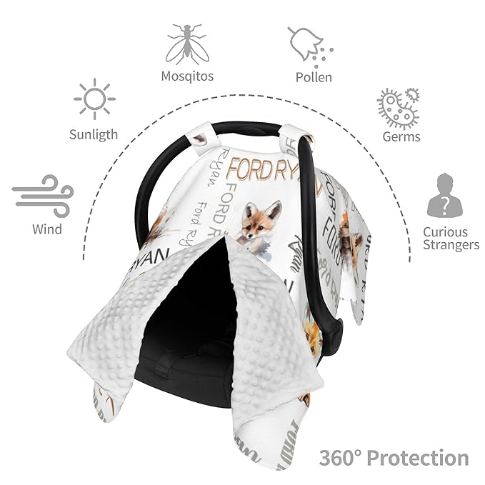 Personalized Winter Baby Car Seat Cover with Name Fox Winter Car Seat Cover for Baby Seat or Stroller Custom Infant Car Seat Covers Minky Blankets Nursing Cover Breastfeeding Scarf