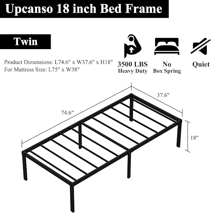 18 Inch Twin Bed Frames No Box Spring Need, Metal Platform Bed Frame Twin Size with High Storage, Eassy Assembly 2,500 Lbs Heavy Duty Bedframes, Black