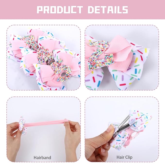 2pcs Birthday Hair Bow for Baby Girls, Sprinkle Confetti 3rd Birthday Decorations for Girls, Ice Cream Party Theme Bow Clips for Baby Girls Pink Hair, Happy 3rd Birthday Girl Hair Bow Clips