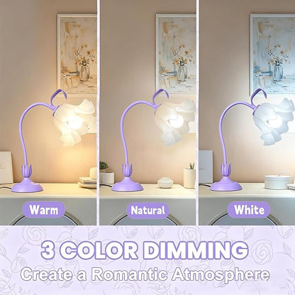 Flower Desk Lamp, LED Reading Light Flower Table Lamp, 3 Colors Flower Lamp for Girls Bedroom, Adjustable Flexible Nightstand Lamps, Bedside Table Lamp for Bedroom, Living Room, Home Decor (Purple)