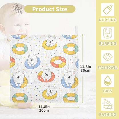 vvfelixl Baby Muslin Washcloths Kawaii Samoyed Swim Baby Burp Cloths Cotton Babys Face Towel for Newborn Infants Boys Girls Soft and Absorbent 11.8 X 11.8 in, 3 Pack