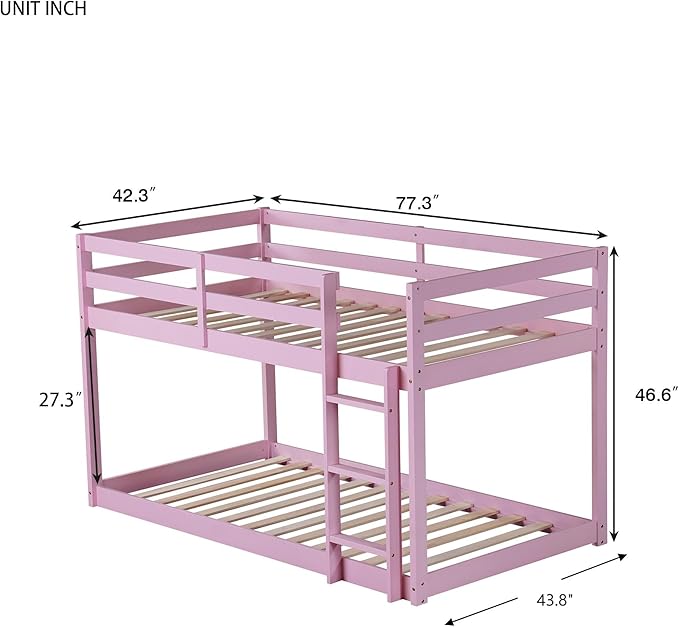 Ball & Cast Bunk Bed Twin Over Twin,Floor Bunk Bed with Ladder,Solid Rubber Wooden Bed Frame w/Full Length Guardrail,for Dormitory, No Box Spring Needed,for Kids Teens,Pink