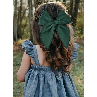 DEEKA 4 PCS Dark Green Cotton Linen Hair Bows 3 Styles 5" & 4" Handmade Hair Bow set for Toddler Girls Alligator Hair Clips Knot Bows Hair Accessories for Little School Girls (Dark Green)