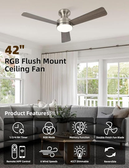 42" RGB Ceiling Fan with Light, Music Sync Smart Fan with Alexa/Google/App Control, Low Profile Flush Mount, 6-Speed Quiet DC Motor, 4 CCT Dimmable Lighting for Bedroom Living Room