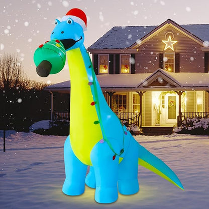 DR.DUDU 12 FT Christmas Inflatable Outdoor Decorations, Large Blow Up Dinosaur Inflatables with Santa Hat Christmas Tree Light up Giant Xmas Holiday Decor for Yard Lawn Garden Outside