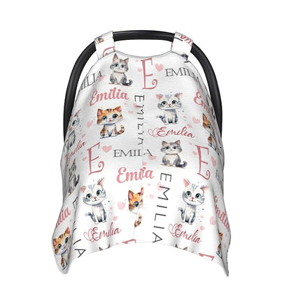 Custom Baby Car Seat Canopy Personalized Car Seat Covers with Name for Baby Boys Girls Customized Cat Nursing Breastfeeding Cover Infant Carseat Canopies Newborn Minky Baby Blanket