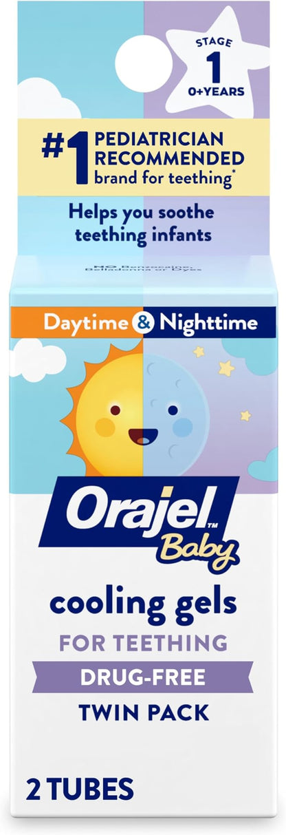 Orajel Baby Daytime & Nighttime Cooling Gels for Teething, Drug - Free, #1 Pediatrician Recommended Brand for Teething*, Two 0.18oz Tubes