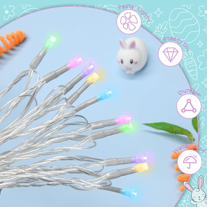 cshare Easter String Lights Battery Operated,Pastel Easter Lights with Timer 9.8ft 30LED Transparent Wire Fairy Lights for Easter Decorations Garland Outdoor Indoor Party