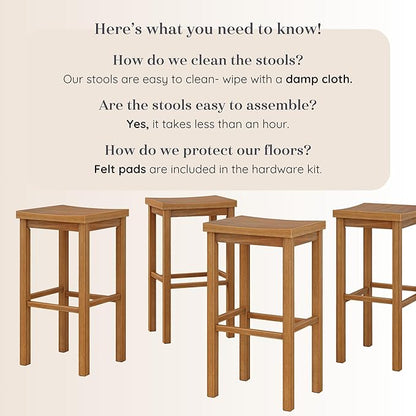 Grain & Grove Smith Collection Set of 4 Solid Wood Bar Stools, 30 inch Saddle-Seat Bar Chairs, Backless, Heavy-Duty Construction, Footrest Support, for Kitchen Islands, Home Bars, and Counters, Pecan