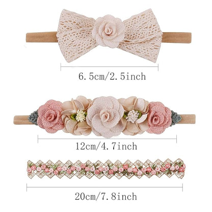 Baby Girl Flower Headbands and Bows, Stretchy Soft Nylon Floral Crown, 3pcs Handmade Hair Accessories for Newborn Infant Toddler