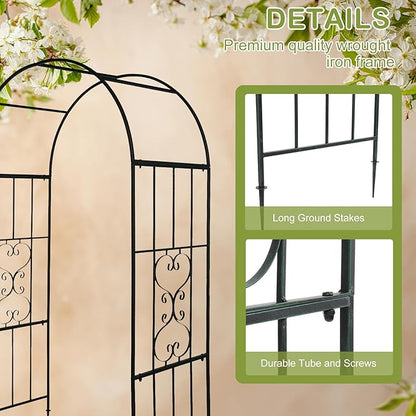 Outvita 7.3FT Garden Arch Arbor, Heavy Duty Metal Arbour Archway, Decorative Frame Stand Trellis with Ground Stakes for Wedding Ceremony Party Plant Climbing Rose Vines Lawn Patio Black