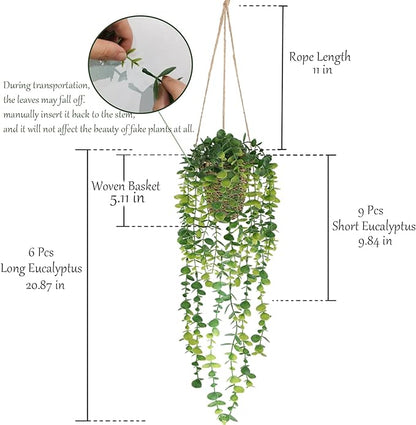 Nisoger Fake Hanging Plant with Woven Basket, 2 Pack Artificial Hanging Plants, Faux Vines Eucalyptus Leaf Hanging Pot Plant for Wall Home Room Indoor Outdoor Bedroom Bathroom Office Decor