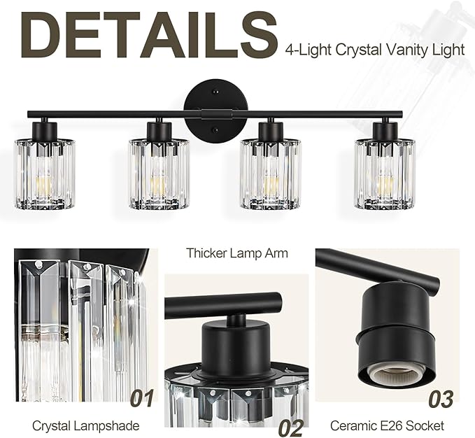 Crystal Bathroom Light Fixtures, Bathroom Lighting Fixtures Over Mirror, Modern Black 4-Light Vanity Lights for Mirror, Restroom, Bedroom (Ceramic E26 Socket,Bulbs Not Include)