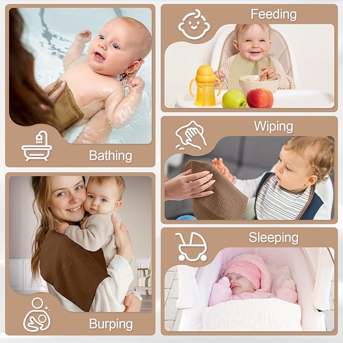 MUKIN Baby Washcloths,Muslin Burp Cloths Towels for Newborns,Absorbent Cotton Bath Face Towel ，5 Pack, 12x12 Inches (Amber Glow)