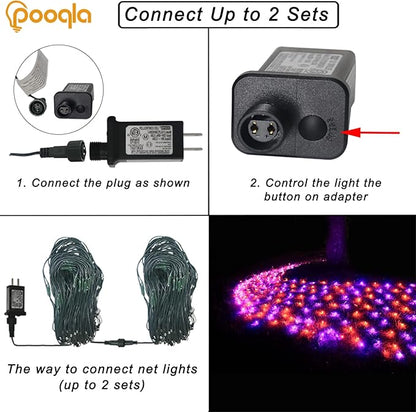 Pooqla 360 LED Halloween Net Lights Outdoor, 21 ft x 5 ft Connectable Mesh String Lights 8 Modes Waterproof Plug in for Halloween Decoration Bushes Yard Garden Party, Orange and Purple