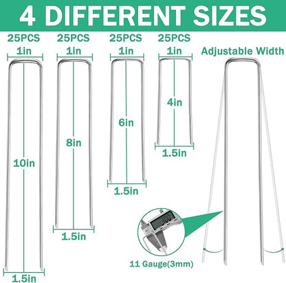 Landscape Staples, 100 Pack 4/6/8/10 Inch 11 Gauge Galvanized Garden Staples, Landscape Stakes for Gardening, Garden Yard Lawn Ground Stakes for Securing Weed Barrier Fabric, Irrigation Tubing, Fence