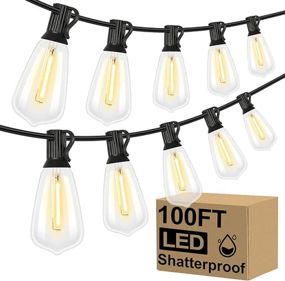 Brightever LED Outdoor String Lights 100FT Patio Lights with 52 Shatterproof ST38 Vintage Edison Bulbs, Outside Hanging Light Waterproof for Porch, Deck, Garden, Backyard, Balcony, 2700K Dimmable