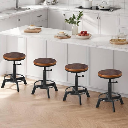 Set of 2-Industrial Bar Stool-Rustic Counter Height Chairs for Kitchen Island-Farmhouse Swivel Wooden Seat- Adjustable 17.7-24inch