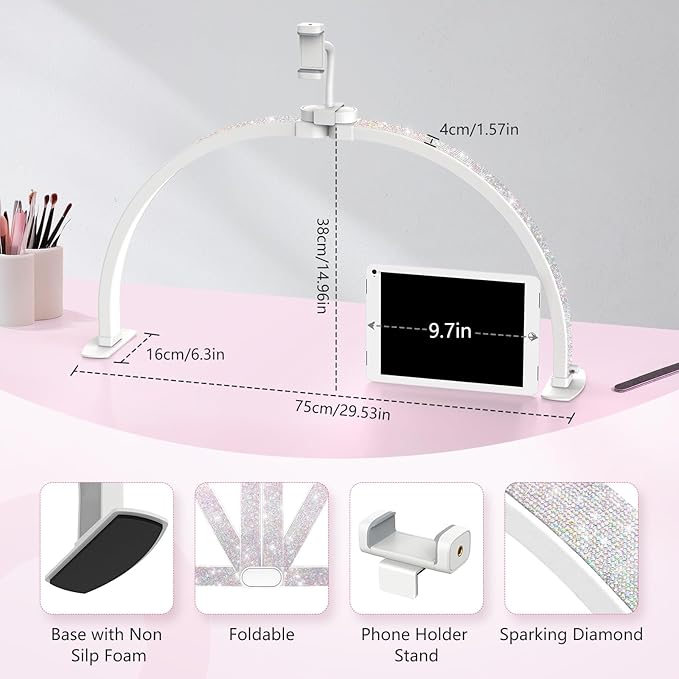 Yokilly Half Moon Light for Nail Desk: 29" Foldable Half Moon Desk Lamp with Phone Holder for Beginner - Arch Nail Tech Light with 3 Color Modes & 10 Brightness for Manicure Salon (Diamond, Large)