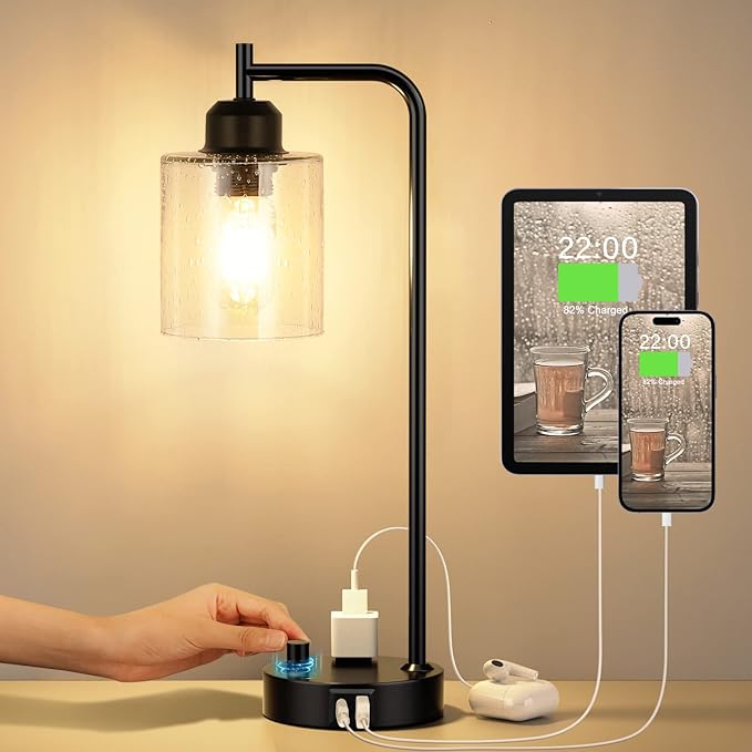 Industrial Bedside Table Lamp for Bedroom - Nightstand Lamps with USB C Charging Port, Fully Dimmable Black Ports and Outlets, Small Desk Glass Shade Office Living Room