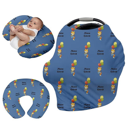 Personalised Car Seat Cover for Babies - Multi-use Carseat Canopy Cover with Name, Dark Blue Fox Print Car Seat Covers, Christmas Birthday Gifts for Infant Boys and Girls(27"x29")