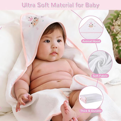 Viviland 6 Pcs Hooded Baby Towels and Washcloths Set, Super Gentle Bath Towels for Newborn Face & Body, Absorbent Wash Cloth for Infants Girls, Flower-Cat Pattern, 28 x 28 inch
