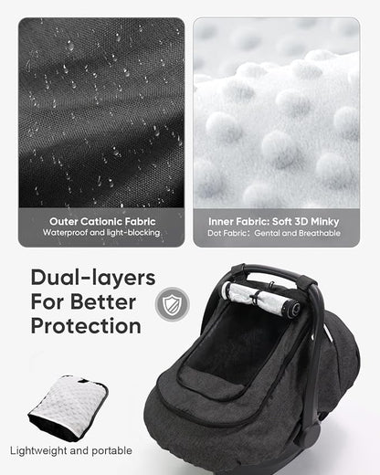 TinlyFinly Waterproof Car Seat Cover for Baby, 2-Layer Car Seat Rain Cover with Clear Window & Sunshade & Mesh Cover, Universal Infant Carseat Canopy for Stroller, Protect from Rain and Snow - Black