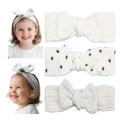 Muslin Cotton Hair Bow Headband, Top Knotted Solid Floral Headwrap for Baby Girls, Newborns, Infants and Toddlers(CJwhiteset)