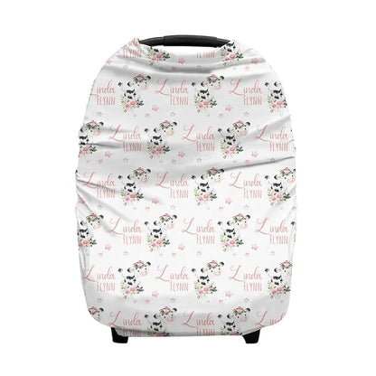 Personalized Baby Car Seat Cover for Girls, Custom Floral Cow Pink Nursing Covers with Name, Universal Fit, Water Resistant, Polyester, White