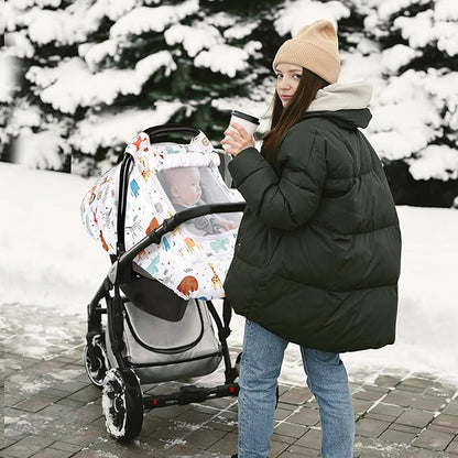Baby Car Seat Cover for Boys, Infant CarSeat Covers with Mesh Man Fai Sky, Multi-Functional Newborn Canopy Breathable for Summer Winter, Windproof & Universal Fit, Animal